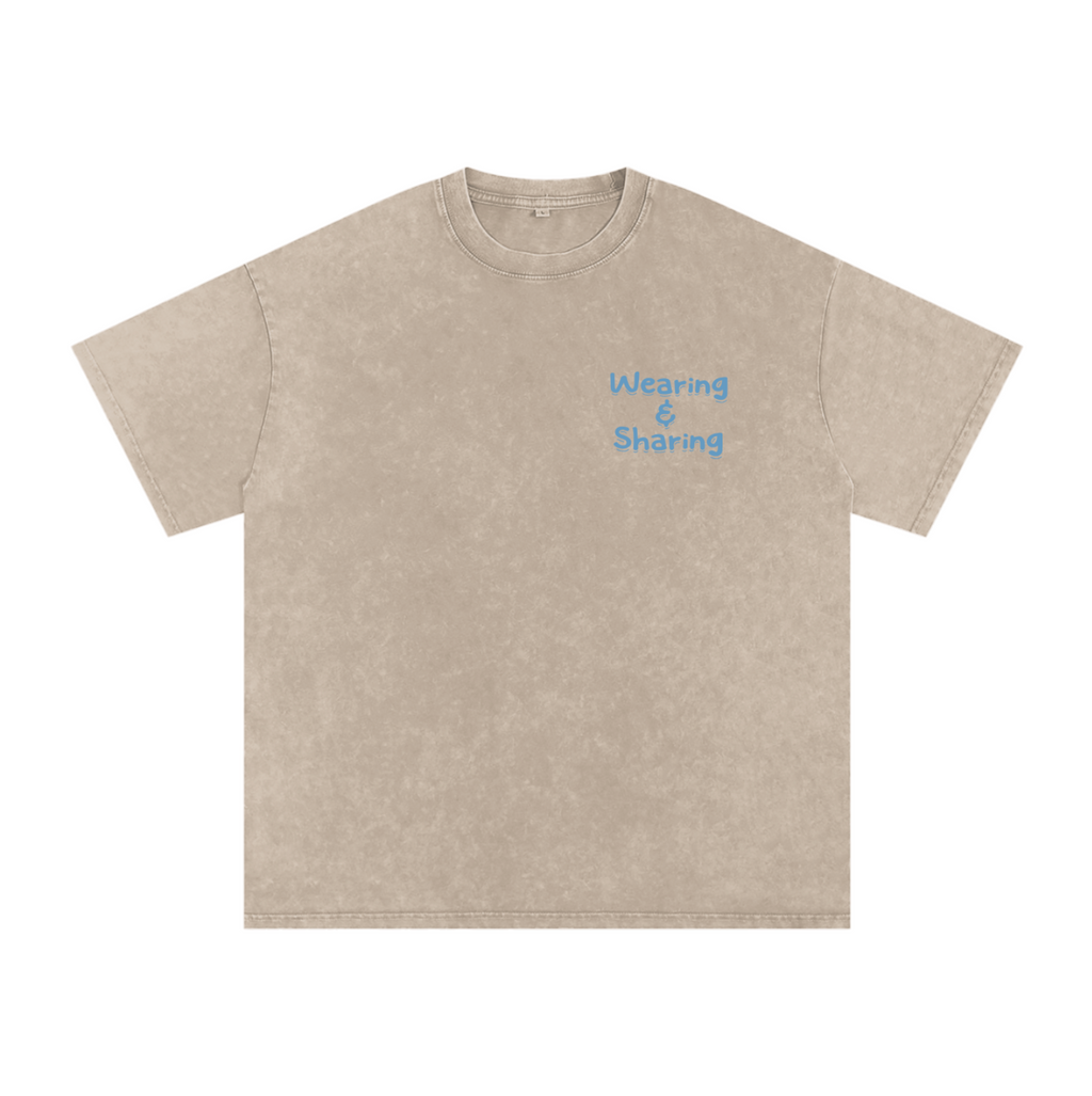 Beige t-shirt with blue text on a white background
